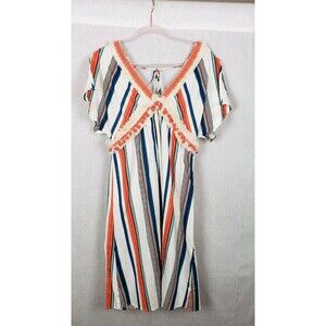 Moon River Dress M Multicolor Midi Striped Split Sleeves Fringe Trim Linen Blend